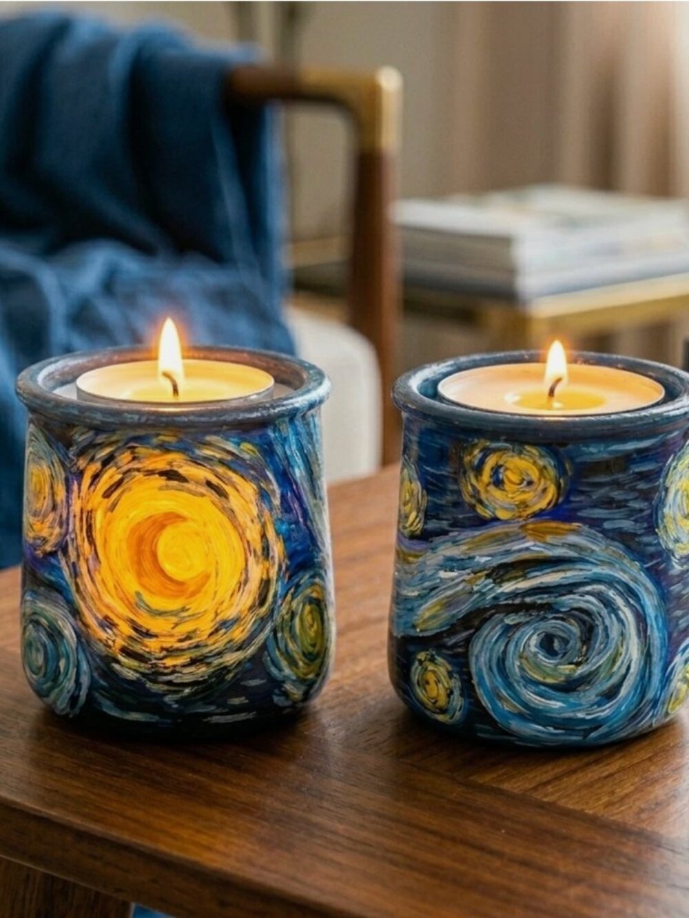 Hand-Painted "Starry Night" Tealight Holders - Set of 2 | Van Gogh Inspired Jars